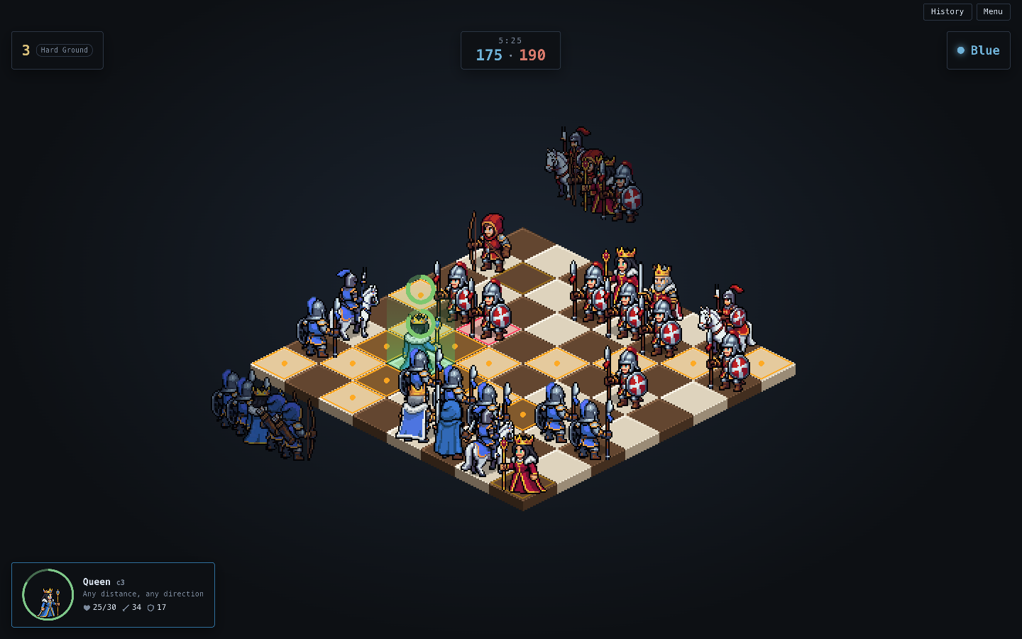A battle in Chesstics: the blue queen is picked up, her moves are marked across the board, and wounded units wear health rings.