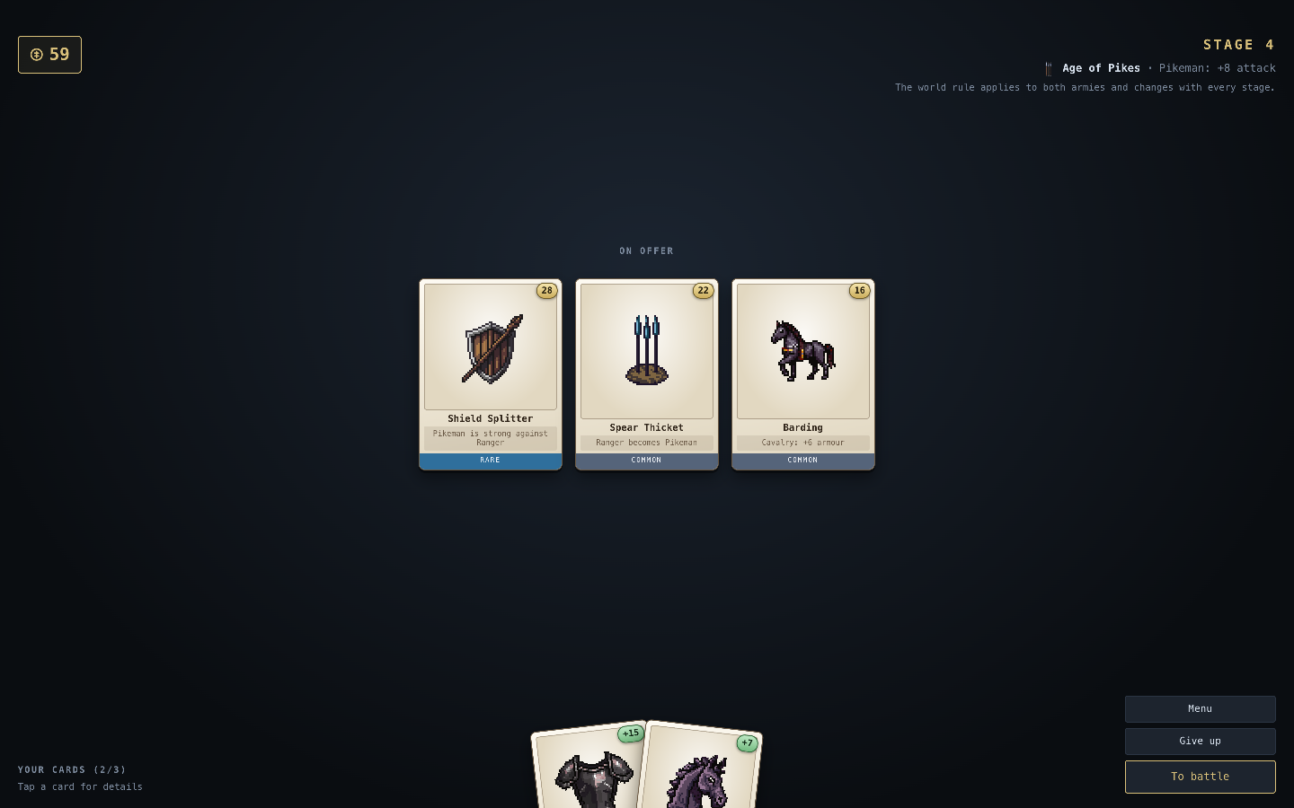 The shop between two stages: three cards on offer, the world rule for the next stage, and the cards already owned.