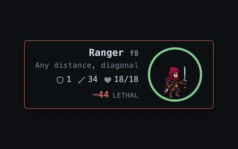 The panel of a red ranger, with the blue cavalry picked up and aimed at it: 18 of 18 health, and the blow forecast at −44, lethal.